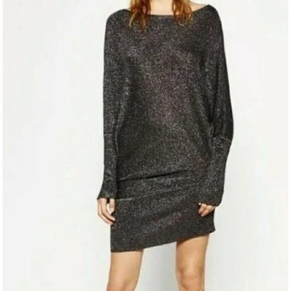 ZARA Knit Asymmetrical Dress Dolman Sleeves Navy Blue Sparkles Sz M EUC - Picture 1 of 8